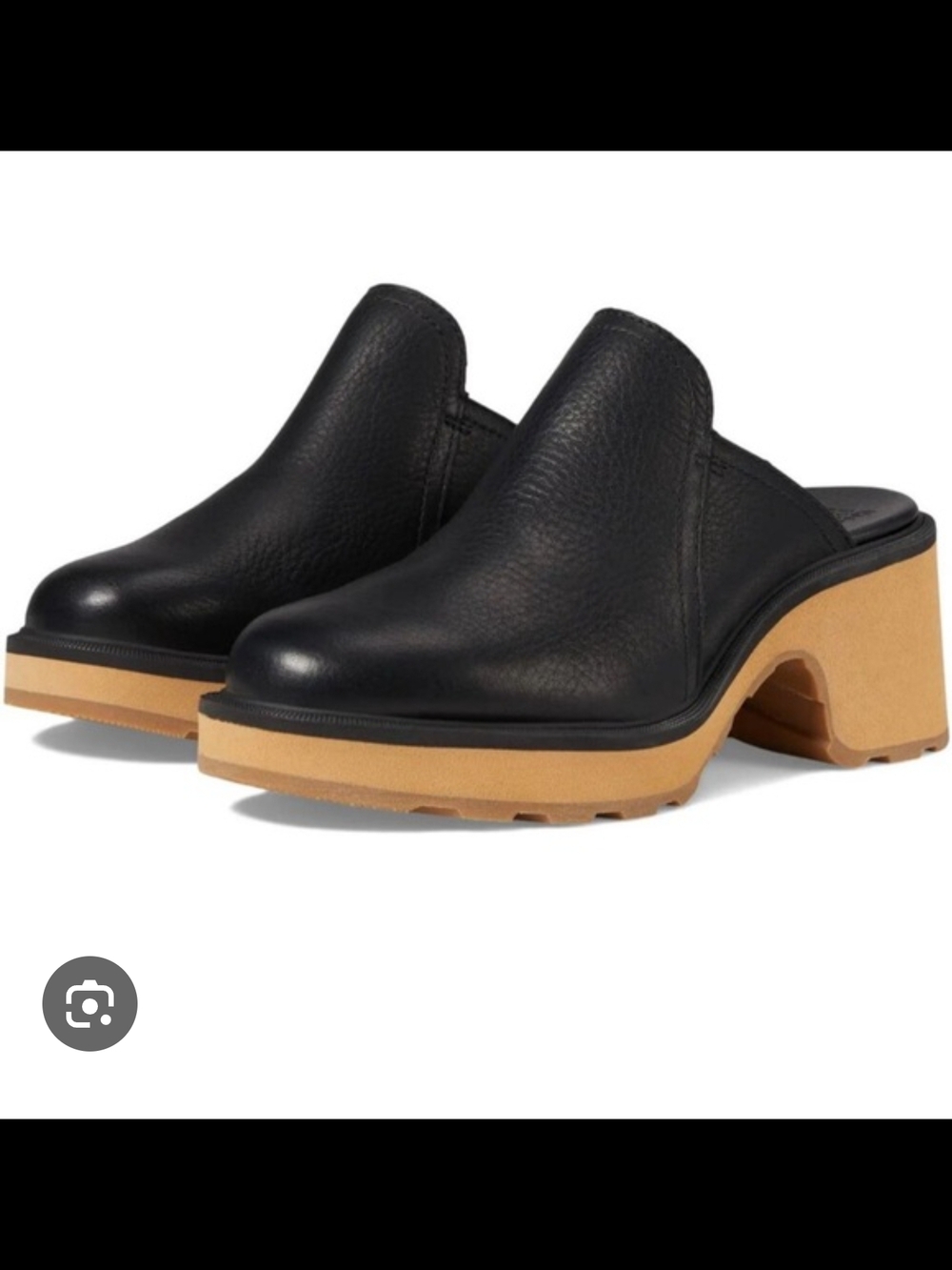 Black Sorel Leather Slip-On Mule with Tan Platform Heel